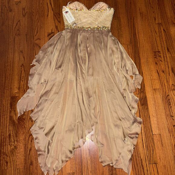 SHERRI HILL Gold Beaded High-Low Formal Gown – Size 12 - Picture 2 of 9